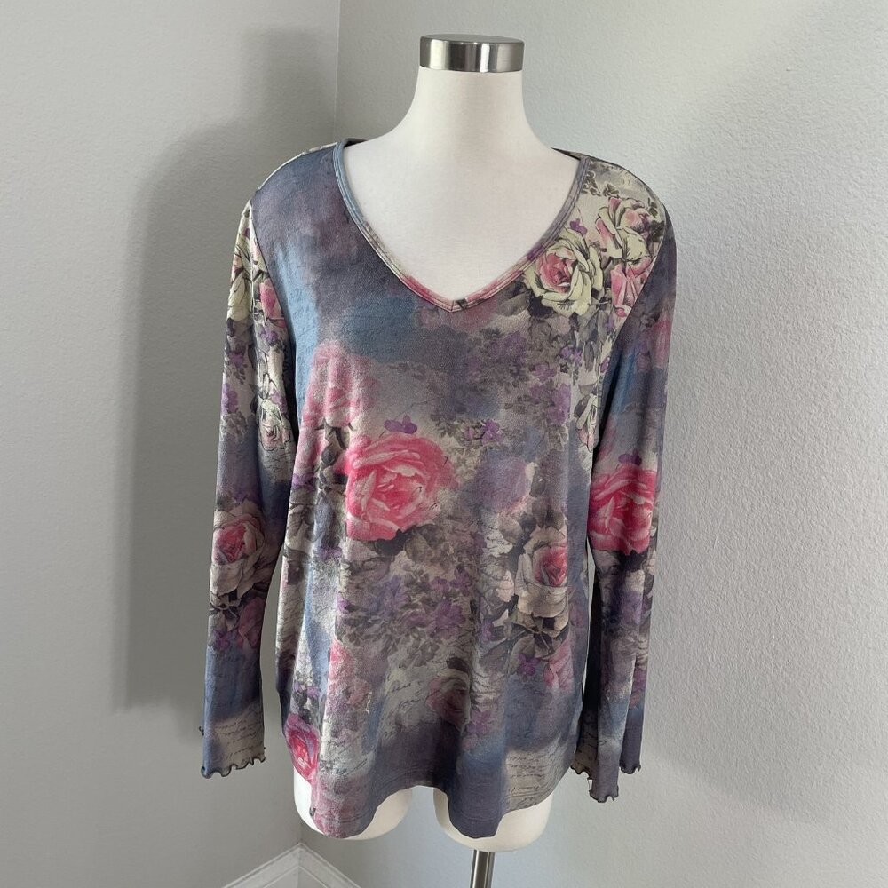 Xcit‎ USA Shirt Womens 1X Floral Long Sleeve Stretch Boho Pullover Top Blouse